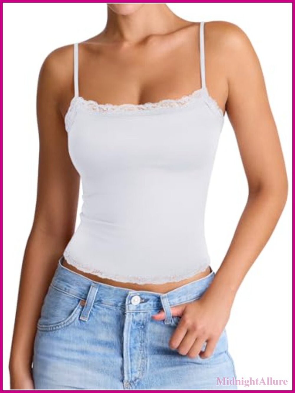 Square Neck Lace Cami Tank Top Sleeveless Double Lined Crop Spaghetti Strap